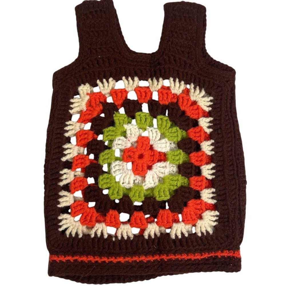 70s Vintage Crochet HIPPIE Sweater Vest Granny Square Kids Size 3T *SEE‎ MEASURE